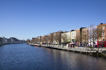 Ireland, Dublin, View along the River Liffey toward the Ha'penny bridge.