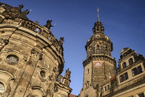 Germany, Saxony, Dresden, A section of the Hofkirche with the Hausmann Tower in the Residenzschloss or Royal Palace.