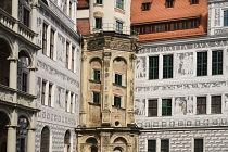 Germany, Saxony, Dresden, Residenzschloss, Royal Palace, The Great Courtyard featuring  Renaissance facades decorated with graffito.