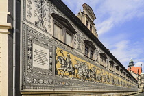 Germany, Saxony, Dresden, Furstenzug or Procession of Princes in Augustusstrasse a mural of 25,000 Meissen tiles that depicts 35 noblemen from the 12th century Konrad the Great to Friedrich August III...