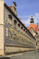 Germany, Saxony, Dresden, Furstenzug or Procession of Princes in Augustusstrasse a mural of 25,000 Meissen tiles that depicts 35 noblemen from the 12th century Konrad the Great to Friedrich August III...