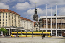 Germany, Saxony, Dresden, Altmarkt square with former Palace of Culture and Hausmann Tower behind.