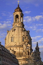 Germany, Saxony, Dresden, Frauenkirche or the Church of Our Lady in Neumarkt Square, the building's dome bathed in evening light.