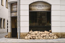 Germany, Saxony, Dresden, Shop window sandbagged to prevent floods from the River Elbe in June 2013.