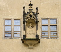 Germany, Saxony Anhalt, Lutherstadt Wittenberg, The Lutherhaus, Luther's residence, Wall plaque commemorating his residence there until his death in 1546.