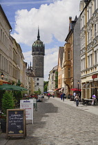 Germany, Saxony Anhalt, Lutherstadt Wittenberg, The Schlosskirche or Castle Church also known as All Saints Church, Distant view of belltower.