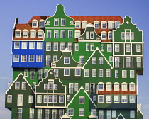 Netherlands, Noord Holland, Zaandam, Frontal view of the Inntel Hotel whose construction design is based on the  traditional house facades of the Zaan Region.