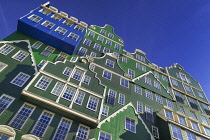 Netherlands, Noord Holland, Zaandam, Frontal view of a section of the Inntel Hotel whose construction design is based on the  traditional house facades of the Zaan Region and featuring the Blue House...
