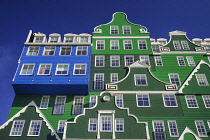 Netherlands, Noord Holland, Zaandam, Frontal view of a section of the Inntel Hotel whose construction design is based on the  traditional house facades of the Zaan Region and featuring The Blue House...