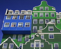 Netherlands, Noord Holland, Zaandam, Frontal view of a section of the Inntel Hotel whose construction design is based on the  traditional house facades of the Zaan Region and featuring The Blue House...