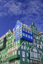 Netherlands, Noord Holland, Zaandam, Frontal view of a section of the Inntel Hotel whose construction design is based on the  traditional house facades of the Zaan Region and featuring The Blue House...