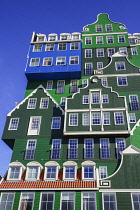 Netherlands, Noord Holland, Zaandam, Frontal view of a section of the Inntel Hotel whose construction design is based on the  traditional house facades of the Zaan Region and featuring The Blue House...