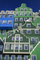 Netherlands, Noord Holland, Zaandam, Frontal view of a section of the Inntel Hotel whose construction design is based on the  traditional house facades of the Zaan Region and featuring The Blue House...