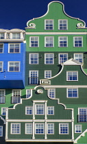 Netherlands, Noord Holland, Zaandam, Frontal view of a section of the Inntel Hotel whose construction design is based on the  traditional house facades of the Zaan Region and featuring The Blue House...