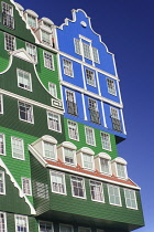 Netherlands, Noord Holland, Zaandam, Angular view of a section of the Inntel Hotel whose construction design is based on the  traditional house facades of the Zaan Region and featuring The Blue House...