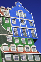 Netherlands, Noord Holland, Zaandam, Angular view of a section of the Inntel Hotel whose construction design is based on the  traditional house facades of the Zaan Region and featuring The Blue House...