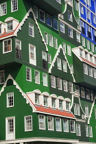 Netherlands, Noord Holland, Zaandam, A section of the Inntel Hotel whose construction design is based on the  traditional house facades of the Zaan Region and featuring in this case The Blue House ins...