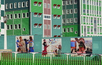 Netherlands, Noord Holland, Zaandam, Zaandam Town Hall, A section of the building with pedestrian walkway and murals in the foreground.