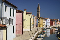 Italy, Veneto, Burano Island, Chiesa di San Martino from Fondamenta della Giudecca.