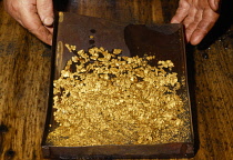 Russia, Siberia, Alchan, woman using tray for gold panning.