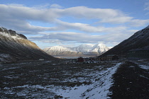 Norway, Svalbard. Longyearbyen.Looking down the valley from the Longyearbyen Glacier over the town of Longyearbyen and out over Adventfjorden towards Adenttoppen and Hiorthfjellet.