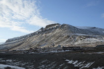 Norway, Svalbard, Longyearbyen, Valley side, Church, Kirke, remains of original settlement at Longyearbyen, remains of colliery aerial cable way along valley side.