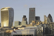 England, London, The Modern skyline of the City with The Walkie Talkie Building, The Gherkin, The Cheesegrater at sundown.