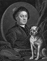 An engraving of the self portrait by William Hogarth titled The Artist and His Pug with The Line of Beauty and Grace on the artist's palette referring to his theory that the curved serpentine line is...