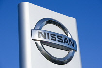 Business, Motoring, Cars, Nissan sign outside the car dealership. **Editorial Use Only**