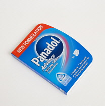 Health, Medical, Medicine, blue packet of Panadol Advance pain-killer tablet on a white background.