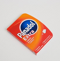 Health, Medical, Medicine, red packet of Panadol Extra pain-killer tablet on a white background.