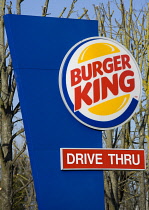 Markets, Food, Restaurants, Burger King Drive Thru fast food hamburger restaurant and take away sign. **Editorial Use Only**