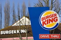 Markets, Food, Restaurants, Burger King Drive Thru fast food hamburger restaurant and take away sign. **Editorial Use Only**