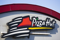 Markets, Food, Restaurants, Pizza Hut sign on the side wall of a restaurant. **Editorial Use Only**