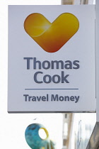 Business, Finance, Money, Thomas Cook Travel Money bureau de change foreign currency exchange sign on a high street shop. **Editorial Use Only**