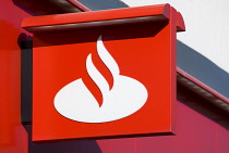 Business, Finance, Banking, Santander sign and logo on a high street bank building.