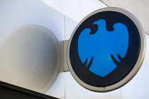 Business, Finance, Banking, Barclays sign and logo on a high street bank building.