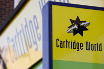 Business, Shops, Office supplies, Cartridge World sign for high street printer supplies shop. **Editorial Use Only**