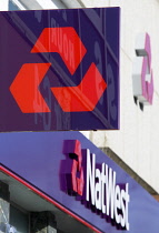 Business, Finance, Banking, Natwest signs and logo on a high street bank building.