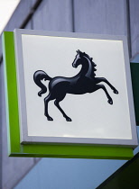 Business, Finance, Banking, Lloyds black horse sign and logo on a high street bank building.