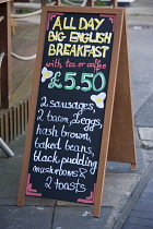 Food, Meal, Restaurant, A-board advertising All Day Big English Breakfast a cooked meal of sausages, bacon, eggs, baked beans, black pudding, mushrooms and toast.