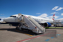 Italy, Tuscany, Pisa, British Airways jet at Galilei International Airport.