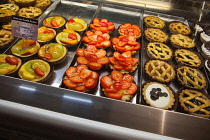 Italy, Tuscany, Lucca, Barga, Display of pastries in Luchessi's bar and cafe.