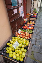 Italy, Tuscany, Lucca, Barga, Display of fruit in front of a grocer's.