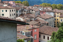 Italy, Tuscany, Lucca, Barga, Tiled rooftops of the old town.