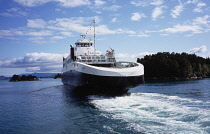 Norway, Hordaland, Transport, The gas powered car ferry Fanafjord leaving Halhjem for Sandvikvag on Island of Stord  part of the E39 coastal road.