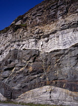 Norway, Finnmark, Landscape, Quarried rock face revealing colours and layering of strata beside road E69TO to Nordkapp.