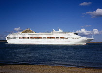 England, Hampshire, Calshot, The cruise liner Oceana leaving Southampton waters  seen from Calshot.