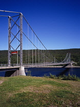 Norway, Finnmark, Transport, Suspension bridge across the Tana River carrying the E6 Highway towards the town of Kirkenes.