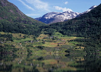 Norway, Sogn og Fjordane, Flo, View across Strynsvatn Lake reflecting agricultural landscape and village of Flo with Ringdalshornst mountain beyond.